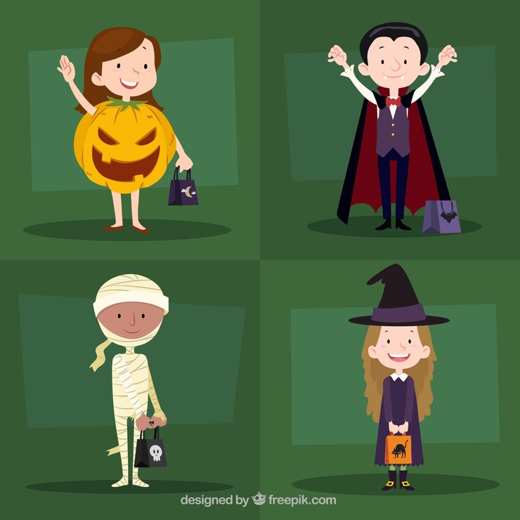 Vettore gratuito pacchetto di quattro bambini con costumi da halloween