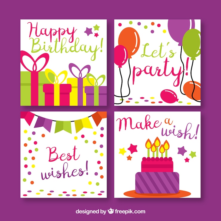 Vettore gratuito pacchetto di quattro carte di compleanno in design piatto