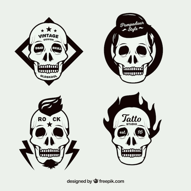 Vettore gratuito pacchetto di quattro loghi cranio design piatto