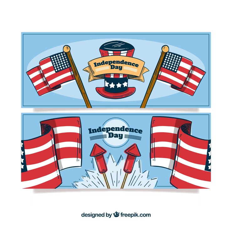 Vettore gratuito pacchetto disegnato a mano di bandiere di indepence usa