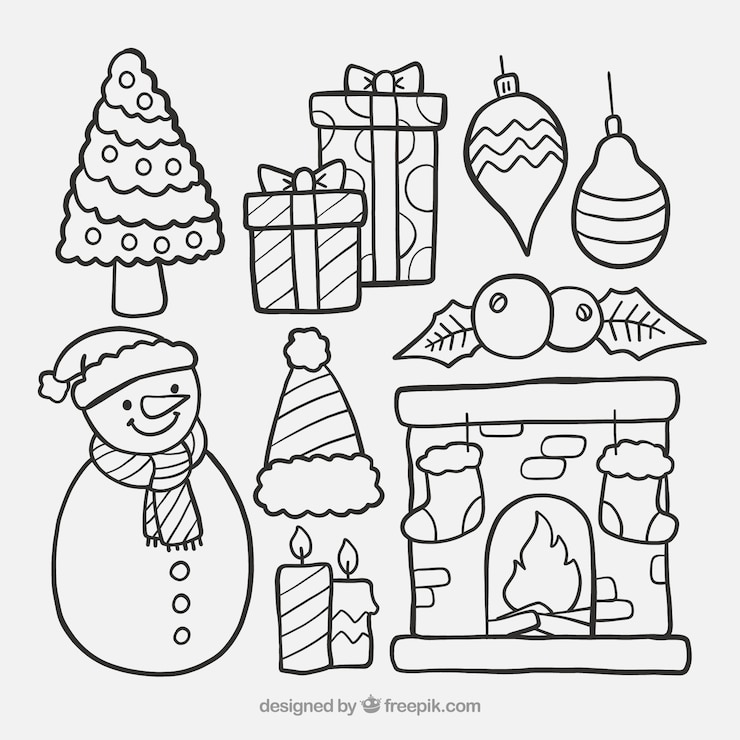 Vettore gratuito pacchetto disegnato a mano di ornamenti di natale