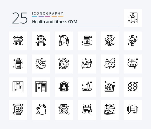 Pacchetto icone Gym 25 Line che include il distintivo della medaglia delle proteine della palestra dell'orologio