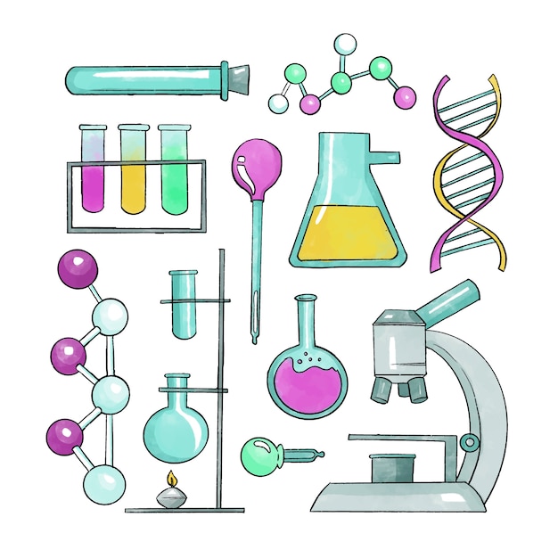 Pacchetto oggetti laboratorio scientifico disegnato a mano