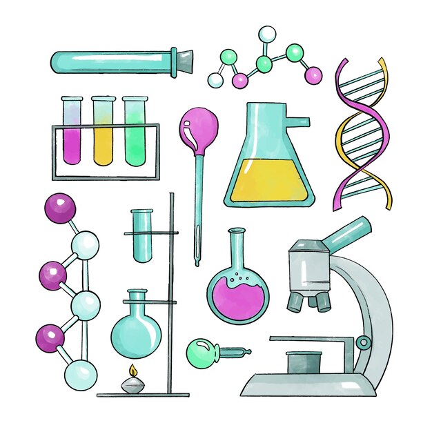 Pacchetto oggetti laboratorio scientifico disegnato a mano