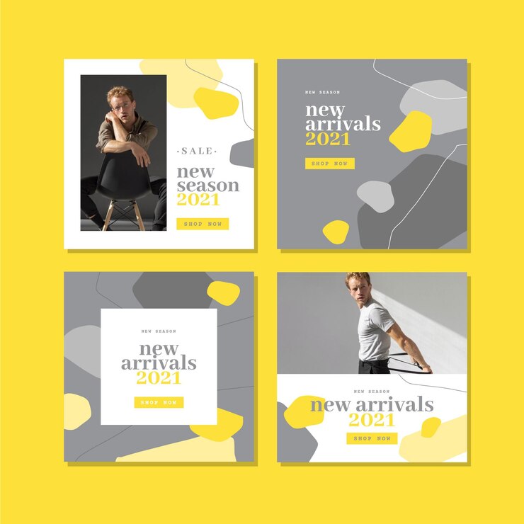Vettore gratuito pacchetto post instagram organico giallo e grigio