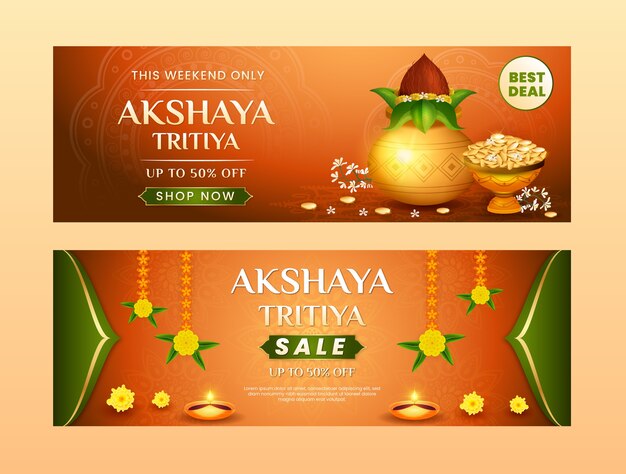 Pacchetto realistico di banner orizzontali di vendita di akshaya tritiya
