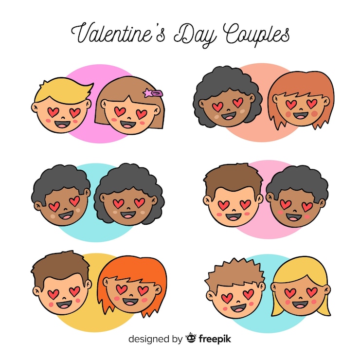 Vettore gratuito pack di facce coppia cartone animato di san valentino