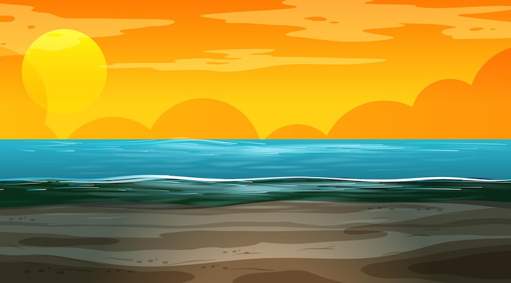 Vettore gratuito paesaggio allagato vuoto alla scena dell'ora del tramonto sunset