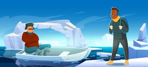 Paesaggio artico con iceberg in fusione, barca e persone sul ghiacciaio che galleggia nel mare. Concetto di spedizione scientifica o viaggio. Illustrazione del fumetto vettoriale di uomini sul ghiaccio polare o antartico nell'oceano