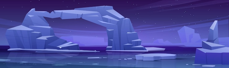 Vettore gratuito paesaggio artico con lo scioglimento degli iceberg e dei ghiacciai nel mare di notte
