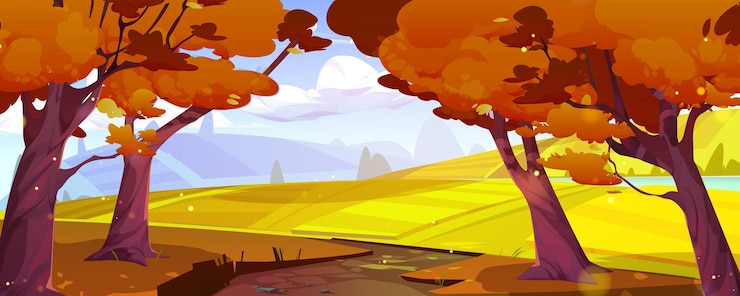 Vettore gratuito paesaggio autunnale con alberi di campi agricoli e fiume
