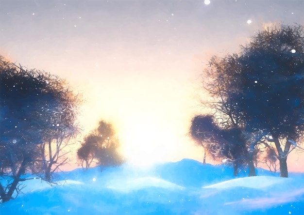Paesaggio del solstizio d'inverno ad acquerello dipinto a mano al tramonto