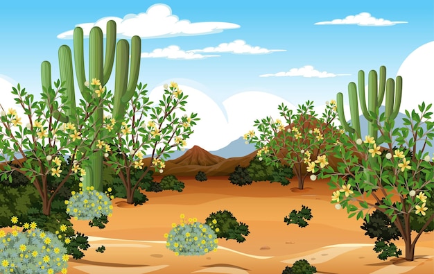 Paesaggio della foresta del deserto alla scena diurna con molti cactus