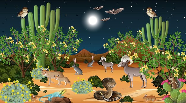 Paesaggio della foresta del deserto di notte con animali selvatici