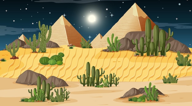 Paesaggio della foresta del deserto di notte con piramide