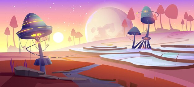 Paesaggio di fantasia con funghi magici e piante al tramonto