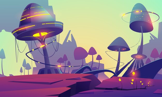 Paesaggio di fantasia con piante e funghi magici luminosi. Illustrazione del fumetto di vettore della natura aliena fantastica con funghi velenosi e montagne. Mistica scena all'aperto con funghi