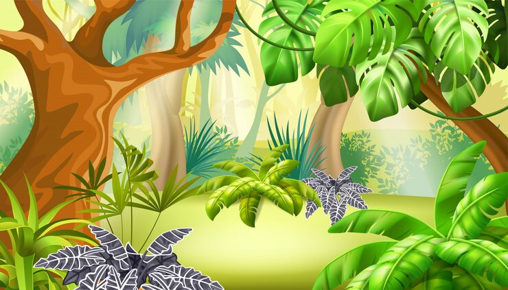 Vettore gratuito paesaggio di gioco con scena di giungla tropicale.
