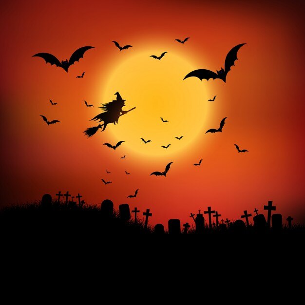 Vettore gratuito paesaggio di halloween con strega che vola in aria