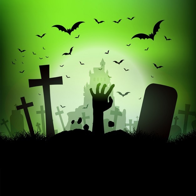 Paesaggio di Halloween con zombie mano che esce di un grave