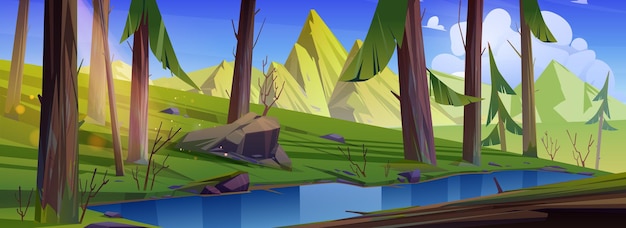 Paesaggio di montagna con foresta e ruscello d'acqua. fumetto illustrazione di boschi di conifere estivi, ruscello, rocce e sole nel cielo blu