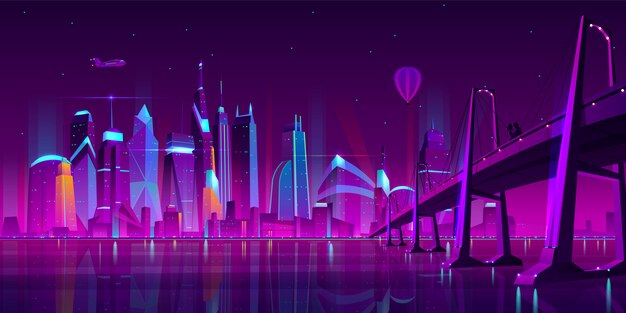 Paesaggio di notte di vettore del fumetto città moderna.