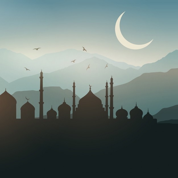 Vettore gratuito paesaggio di sfondo ramadan al tramonto
