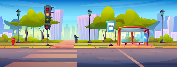 Vettore gratuito paesaggio di strada della città estiva dei cartoni animati con marciapiede
