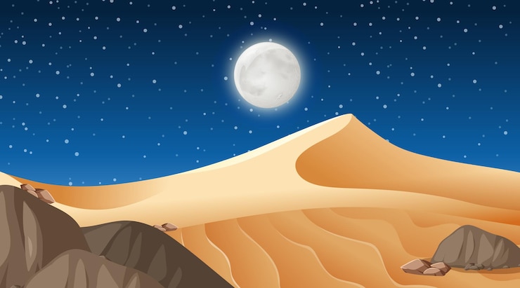 Vettore gratuito paesaggio forestale del deserto a scena notturna
