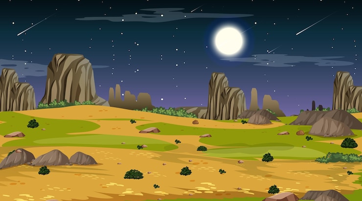 Vettore gratuito paesaggio forestale del deserto a scena notturna