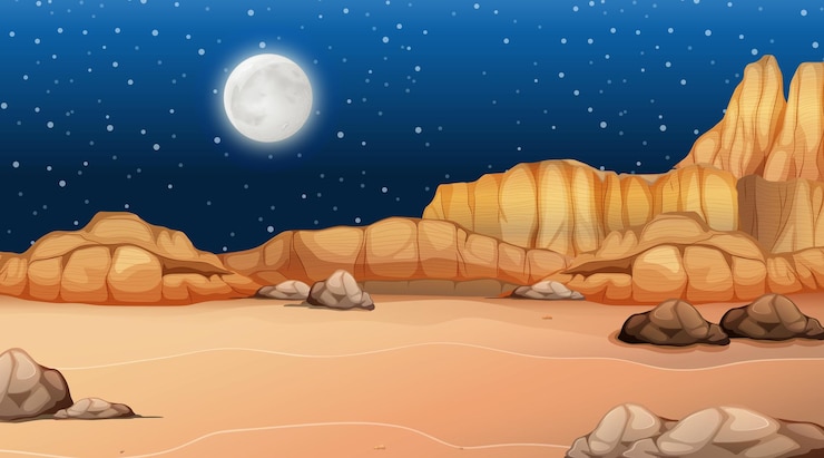 Vettore gratuito paesaggio forestale del deserto a scena notturna