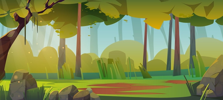 Vettore gratuito paesaggio forestale estivo con erba verde radura e alberi illustrazione del fumetto vettoriale di una scena di boschi profondi con alberi, cespugli, pietre e luce solare panorama di boschi o parchi naturali primaverili