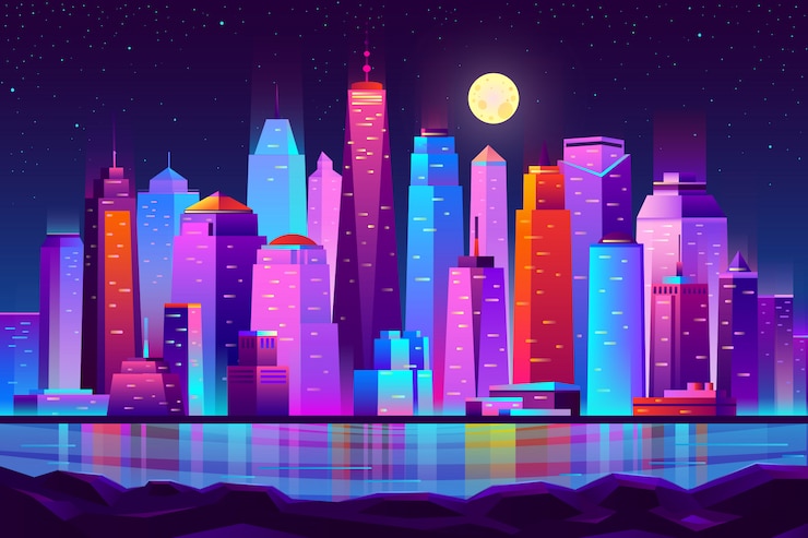 Vettore gratuito paesaggio futuristico della città notturna sullo sfondo