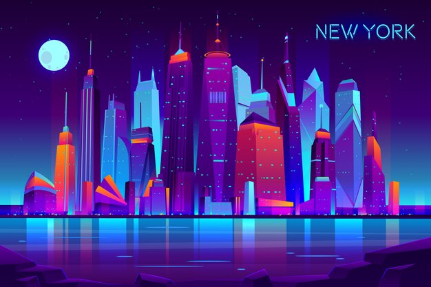 Paesaggio moderno di notte di vettore del fumetto di New York City
