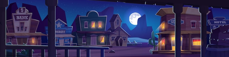 Vettore gratuito paesaggio notturno di una città o di un villaggio dell'ovest selvaggio