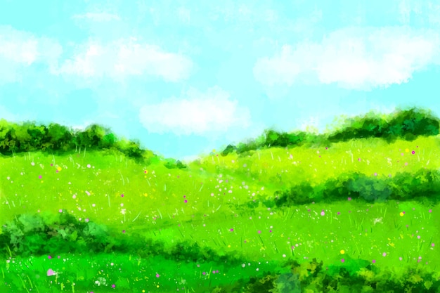 Paesaggio primaverile dell'acquerello con erba e cielo