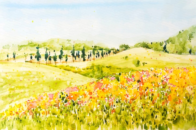 Paesaggio primaverile dell'acquerello con pianure e fiori