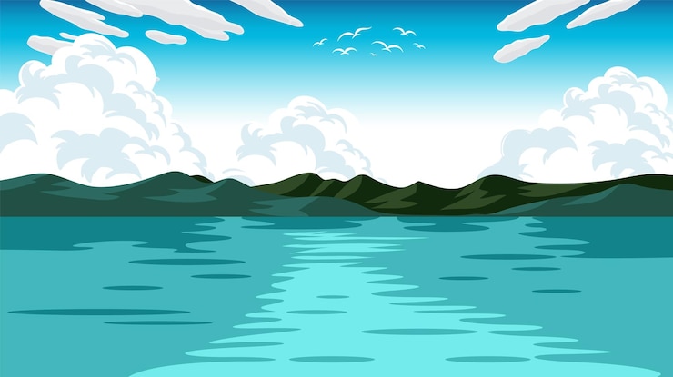 Vettore gratuito paesaggio sereno di laghi e montagne