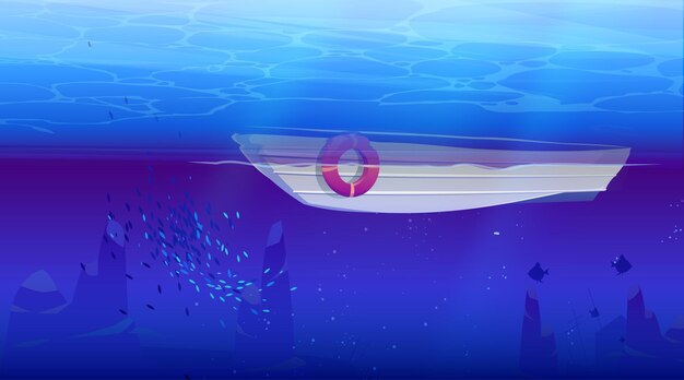 Paesaggio sottomarino con banco di pesci e barca. Illustrazione del fumetto vettoriale della vista dal basso sulla superficie dell'acqua dell'oceano, lago o fiume e nave bianca o yacht con salvagente