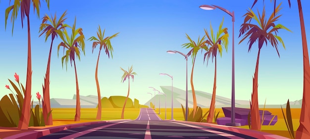 Paesaggio tropicale con strada per auto e palme