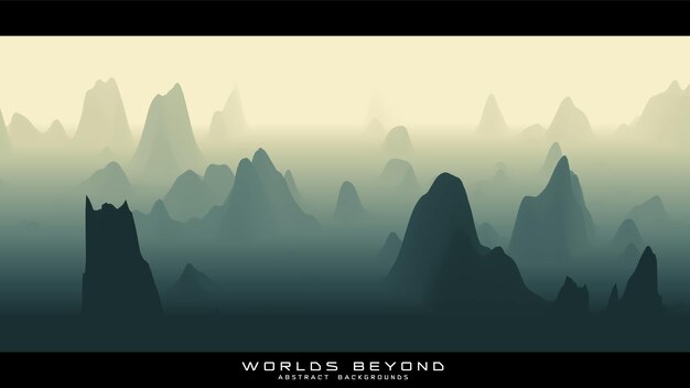 Paesaggio verde astratto con nebbia nebbiosa fino all'orizzonte su pendii montani. Gradiente superficie del terreno erosa. Mondi oltre.