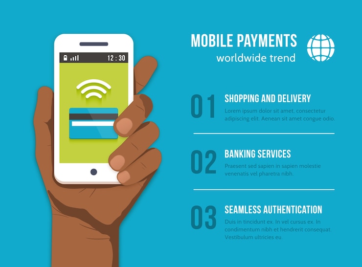 Vettore gratuito pagamenti mobili. telefono cellulare in mano dell'uomo di colore. money finance banking, paga e acquista, carta di credito, comunicazione del dispositivo,