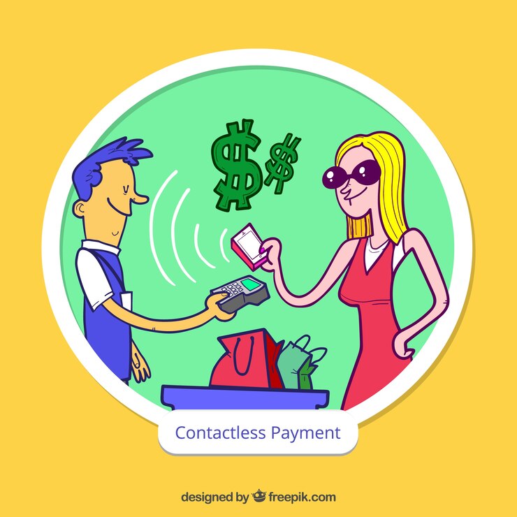 Vettore gratuito pagamento senza contatti con caratteri disegnati a mano