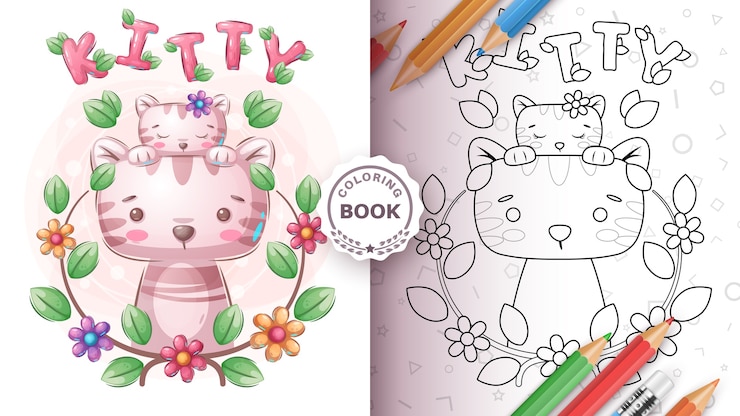 Vettore gratuito pagina da colorare di famiglia gatto carino