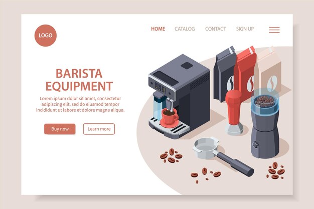 Pagina del sito web isometrica dell'attrezzatura del caffè del barista professionista