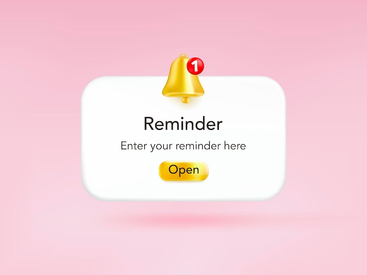 Vettore gratuito pagina delle notifiche di promemoria 3d con campana dorata ed elementi galleggianti