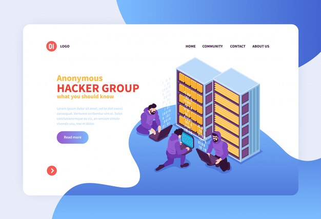 Pagina di atterraggio isometrica di progettazione della pagina Web di concetto del pirata informatico con i collegamenti cliccabili delle immagini del gruppo di hacking e l'illustrazione cliccabili di vettore del testo