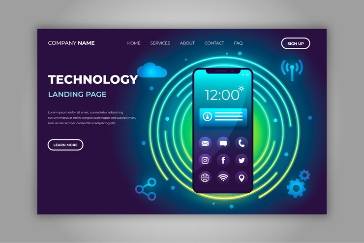 Vettore gratuito pagina di destinazione al neon colorato con smartphone