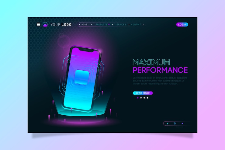 Vettore gratuito pagina di destinazione al neon colorato con smartphone