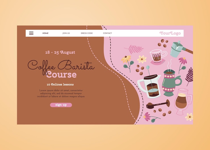 Vettore gratuito pagina di destinazione del corso di caffè colorato disegnato a mano